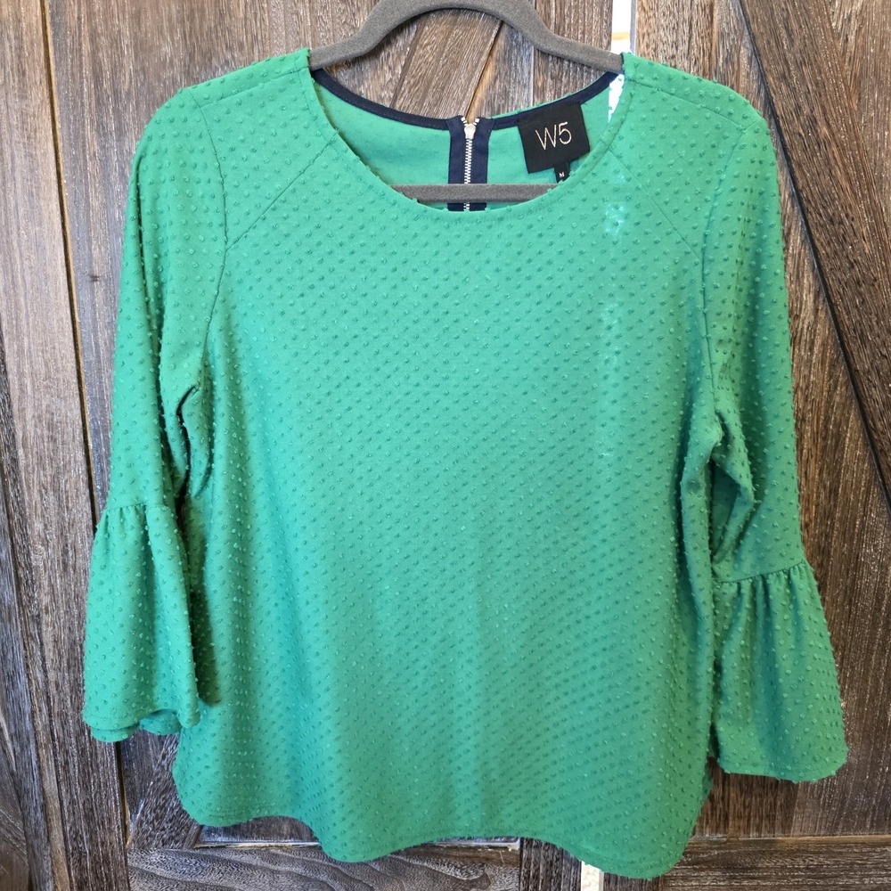 W5 by Anthropologie Women's Size Medium‎ Green Swiss Dot Ruffle Bell Sleeve